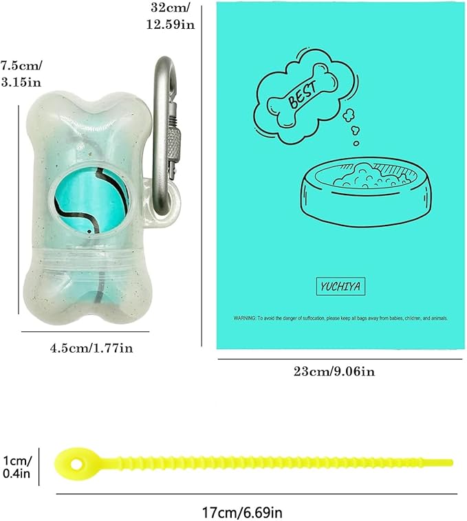 Dog Poop Pickup Bags Holder Dispenser with Leak-Proof Scented Doggy Waste Bags and Carabiner with Safety Lock Plus Hook and Loop Fastener Never Loose on Leash Lead Again (1 Holder 195 Bags, Clear)