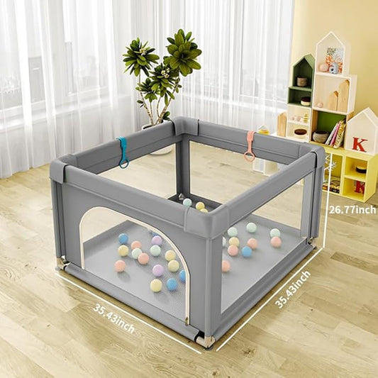 Baby Playpen, Play Pens for Babies and Toddlers, Mini Baby Fence Play Area,Safe Anti-Fall Play Yard with Gates, Small Playpen for Babies with Breathable Mesh, with Pull-Up Ring(Grey, 36" x36")
