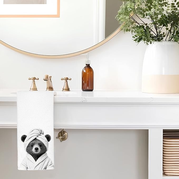 Funny Bear Bathroom Hand Towels, Bear Lovers Gifts for Women, Animal Lover Gifts, Black and White Farmhouse Wild Animal Decorative Hand Towels for Bathroom Decor, 16x24 Inch