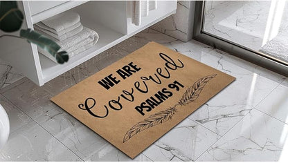 Funny Welcome Doormat (23.7 in X 15.6 in) Anti-Slip Rubber Back Entrance Way Indoor Front Porch Decor Rugs House Warming Gift (We are Covered Psalms 91)