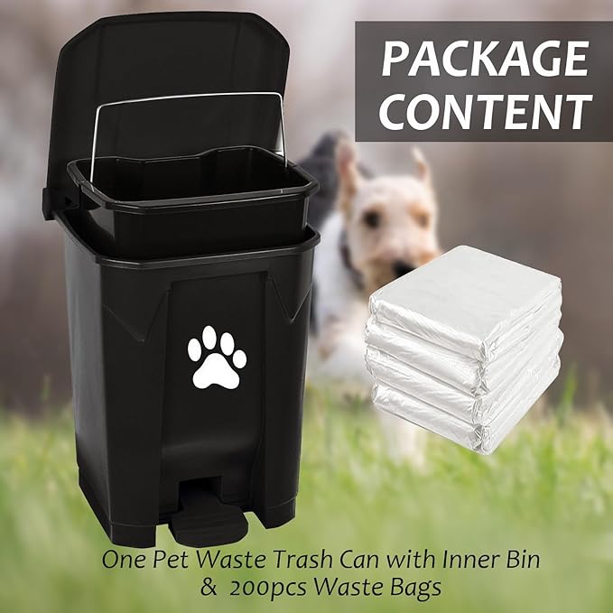 tebiete Dog Poop Trash Can Outdoors Pet Waste Station with Lid Dog Waste Disposal Container with Removable Inner Bin Bucket Hands-Free Pedal Garden Yard Home with Waste Bags, Black