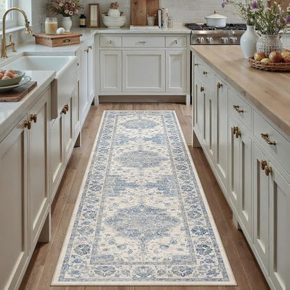 Washable Runner Rug 2x8 for Hallway Blue Vintage Long Carpet Soft Low Pile Non Slip Throw Rug Floral Distressed Accent Rug for Entryway Bathroom Office Laundry Dining Room
