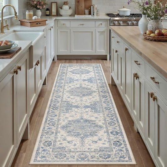 Washable Runner Rug 2x8 for Hallway Blue Vintage Long Carpet Soft Low Pile Non Slip Throw Rug Floral Distressed Accent Rug for Entryway Bathroom Office Laundry Dining Room