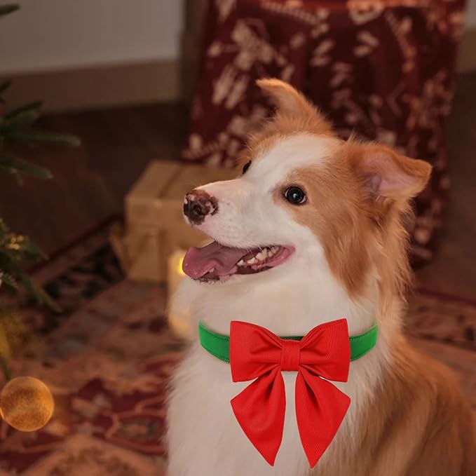 Maca Bates Christmas Grass Green Dog Collar with Cute Solid Sailor Bow Tie for Extra Small Girl Boy Dogs,Adjustbale Durable Breakaway Soft Collars with Bowtie for Female Male Puppy,Pet