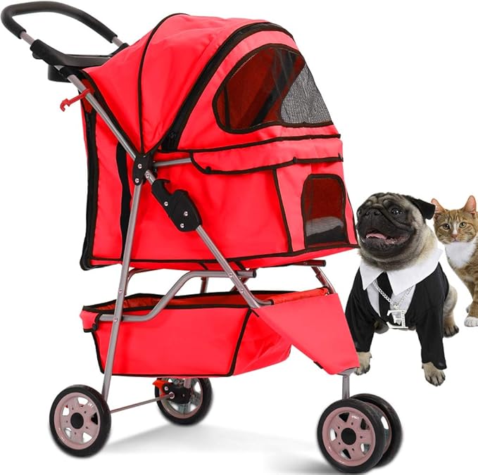 Dkeli 3-Wheel Pet Stroller, Lightweight Foldable Dog Stroller for Small Medium Dogs & Cats, Breathable Mesh & Weather Cover with Storage Basket, for Daily Walk Outdoor Travel (Red)