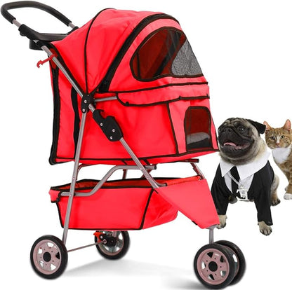 Dkeli 3-Wheel Pet Stroller, Lightweight Foldable Dog Stroller for Small Medium Dogs & Cats, Breathable Mesh & Weather Cover with Storage Basket, for Daily Walk Outdoor Travel (Red)