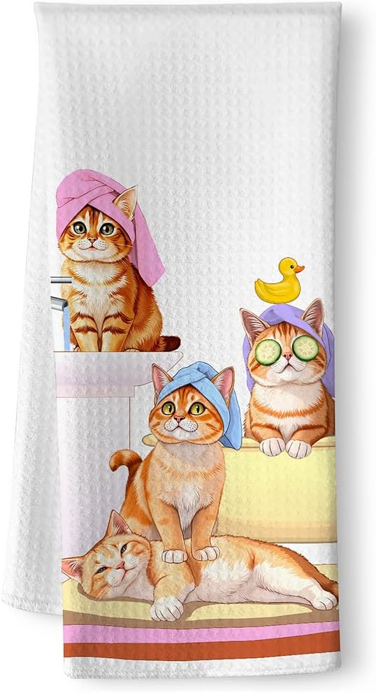 Bathing Cat Hand Towels - Quick-Dry Shower Cat Gathering Decorative Towels for Bathroom, Multi-Scene Bathroom & Spa Art Decorative Towel for Feline Ladies | Relaxation-Themed Gift for Pet Moms