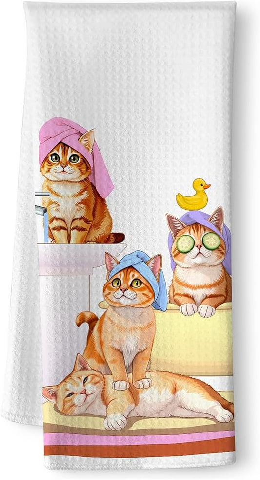 Bathing Cat Hand Towels - Quick-Dry Shower Cat Gathering Decorative Towels for Bathroom, Multi-Scene Bathroom & Spa Art Decorative Towel for Feline Ladies | Relaxation-Themed Gift for Pet Moms