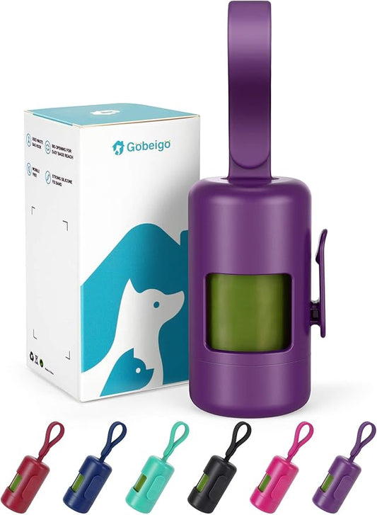 Gobeigo Dog Poop Bag Holder【Convenient Hook for Used Bags】【Silicone Strap Fits Any Leash】【Large Opening for Easy Dispensing】with 1 Roll Waste Bags (Purple)