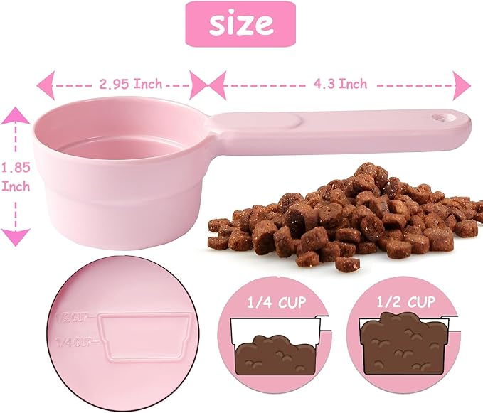 Dog Cat Food Scoop - Pet Food Scoop Dog Food Measuring Cup 1/2 1/4 Cup, Comfortable Long Handle for Easy to Scoop Food, Soft Pink 1/2 Cup
