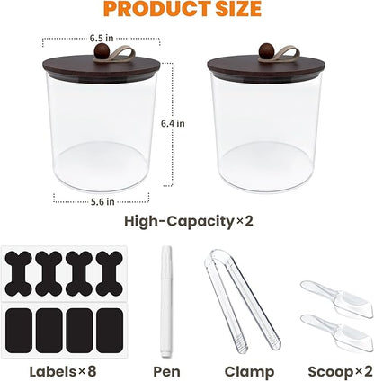 2 Pack Airtight Dog Food Storage Container,Dog Treat Container Dog Treat Jar with Wood Lids 6x5'',Pet Food Storage Container,Cat Food Container with Scoops,Food Tong,Labels,Pen