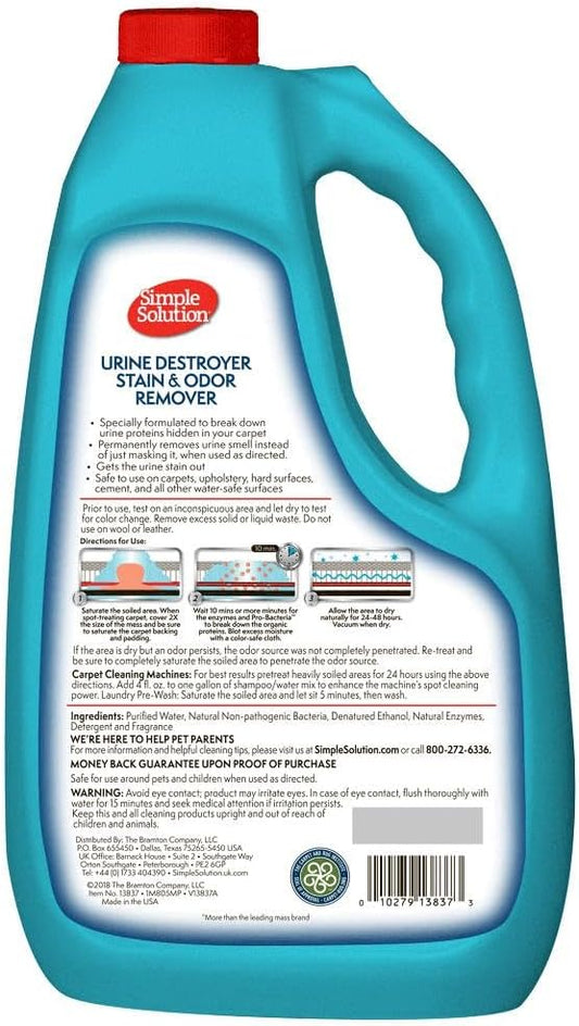 Simple Solution Urine Destroyer, Enzymatic Cleaner and Urine Odor Eliminator, Pet Stain Remover, Dog Pee Stain Destroyer, Cat Urine Neutralizer, Carpet Cleaner, Rug Deodorizer, Spot Cleaner, 1 Gallon