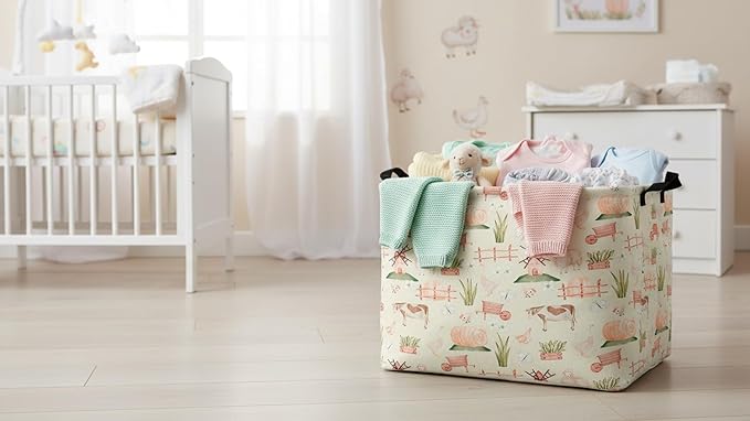 CLOCOR Rectangular Storage Basket,Collapsible Cute Pattern Storage Bin,Waterproof Books Box with Handles,Gift Basket(Farm)