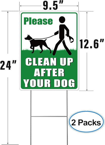 2-Pack Clean Up After Your Dog Signs, 12.6" x 9.5" with Metal Stake, No Dog Poop Lawn Signs with UV Protected & Waterproof, Double Sided Pick Up After Your Dog Sign for Yard