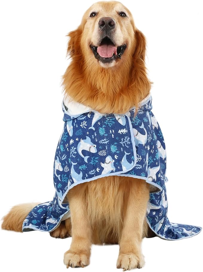 HDE Dog Bathrobe Super Absorbent Quick Drying Puppy Towel Wrap Coat Adjustable After Bath Robes with Hood for Dog Sizes S-XXL Sharks L