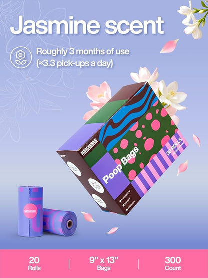 Dog Poop Bags Rolls - 300 Counts Leak Proof & Extra Thick, 20 Rolls Jasmine Scented Pet Poop Bags for Dogs, Doggie Waste Bag for Walking, Travel, Home 9 x 13 Inches (Purple)