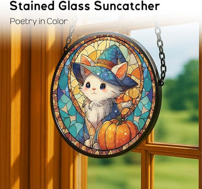 Stained Glass Window Hanging， Cat Tree Moon 9.8in Sun Catchers Indoor Window， Core Decor Inside and Outside The Cottage， Gifts for Women， Black Cat Silhouette Autumn Tree Decor