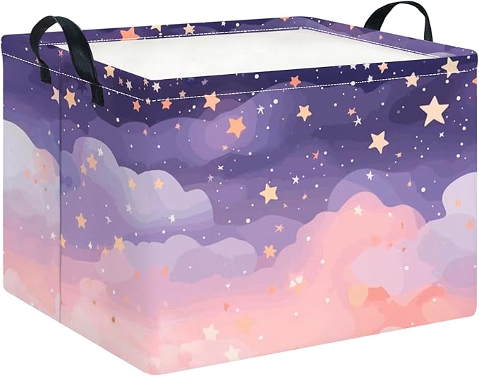 CLOCOR Rectangular Storage Basket,Collapsible Cute Pattern Storage Bin,Waterproof Books Box with Handles,Gift Basket(Pink Sky)