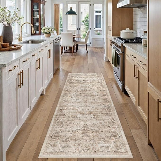 Washable Runner Rug 2x6 for Hallway Beige Vintage Long Carpet Soft Low Pile Non Slip Throw Rug Floral Distressed Accent Rug for Entryway Bathroom Office Laundry Dining Room