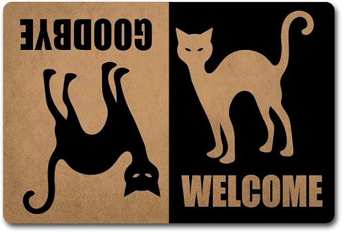 Funny Welcome Doormat (23.7 in X 15.6 in) Anti-Slip Rubber Back Entrance Way Indoor Front Porch Decor Rugs House Warming Gift (Welcome Goodbye Black Cat Dual-Sided Welcome Mat)