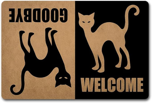 Funny Welcome Doormat (23.7 in X 15.6 in) Anti-Slip Rubber Back Entrance Way Indoor Front Porch Decor Rugs House Warming Gift (Welcome Goodbye Black Cat Dual-Sided Welcome Mat)