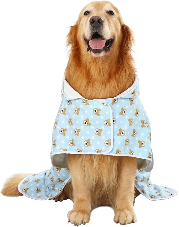 HDE Dog Bathrobe Super Absorbent Quick Drying Puppy Towel Wrap Coat Adjustable After Bath Robes with Hood for Dog Sizes S-XXL Teddy Bears L