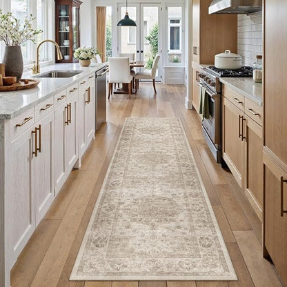 Washable Runner Rug 2x8 for Hallway Beige Neutral Vintage Long Carpet Soft Low Pile Non Slip Throw Rug Floral Distressed Accent Rug for Entryway Bathroom Office Laundry Dining Room