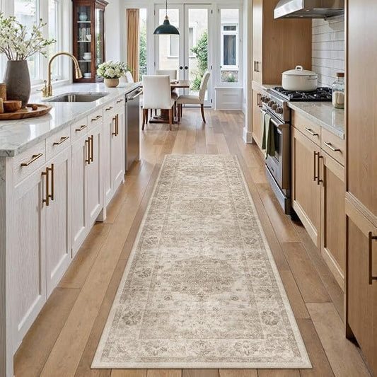 Washable Runner Rug 2x8 for Hallway Beige Neutral Vintage Long Carpet Soft Low Pile Non Slip Throw Rug Floral Distressed Accent Rug for Entryway Bathroom Office Laundry Dining Room