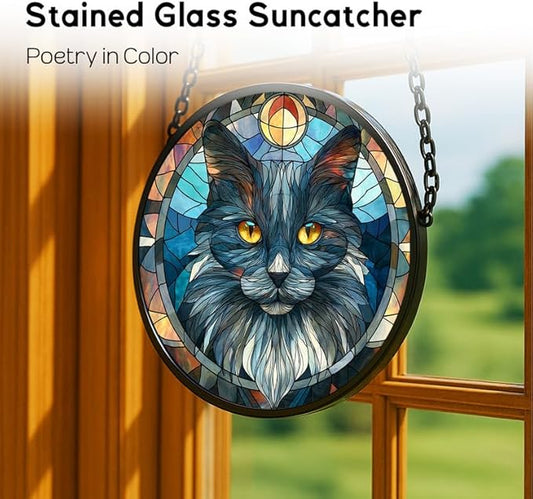 Stained Glass Window Hanging， Wizard Cat 6.3in Sun Catchers Indoor Window， Core Decor Inside and Outside The Cottage， Whimsical Feline Decor， Gifts for Women