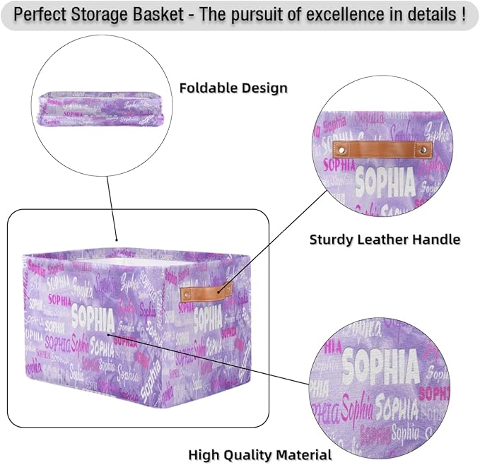Custom Storage Baskets for Kids with Name, Large Foldable Organizer Collapsible Storage Bin with Leather Handle for Home Toys Closet Nursery, Light Purple Sand Texture Pattern