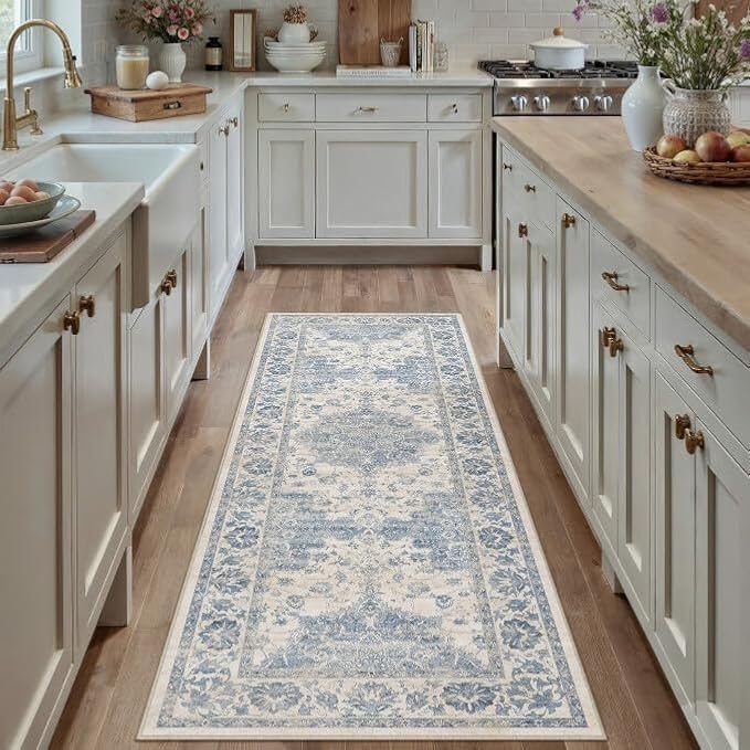 Washable Runner Rug 2x6 for Hallway Blue Vintage Long Carpet Soft Low Pile Non Slip Throw Rug Floral Distressed Accent Rug for Entryway Bathroom Office Laundry Dining Room
