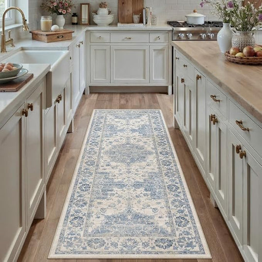 Washable Runner Rug 2x6 for Hallway Blue Vintage Long Carpet Soft Low Pile Non Slip Throw Rug Floral Distressed Accent Rug for Entryway Bathroom Office Laundry Dining Room