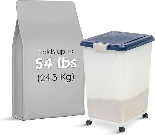 IRIS USA Dog Food Storage Container, Up to 54 Pounds, Attachable Wheels, For Dog Cat Bird and Other Pet Food Storage Bin, Keep Fresh, Easy Mobility - Made in USA, Navy/Pearl