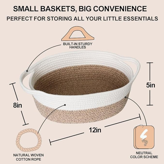 Woven Cotton Rope Gift Basket, Small Baskets for Gifts Empty, Cute Baby Nursery Basket, Pet Toy Storage Bin for Dog Cat, Decorative Wicker Home Organizer with Handles, 12"x 8"x 5", Brown