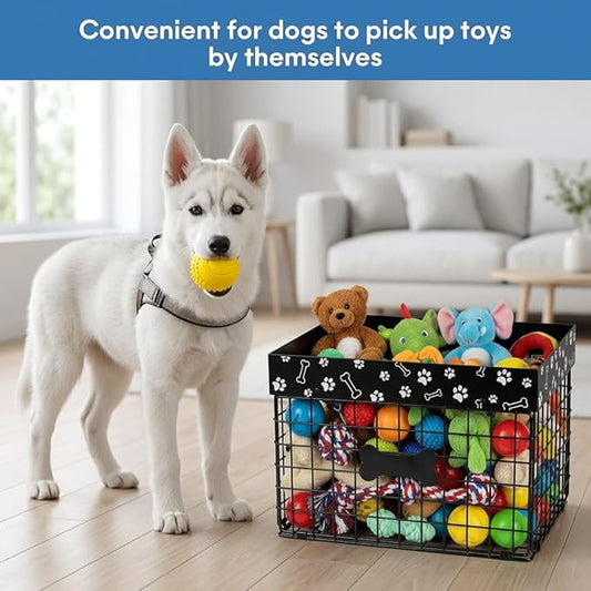 Indestructible Dog Toy Bin - Metal Dog Toy Basket, Pet Wire Folding Basket - Large Dogs Toys Storage Personalized - Dogs Toys Box Chew-Proof Pet Supplies Holder for Living Room, Black