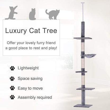 PawHut 102" Adjustable Height Floor to Ceiling Cat Tree, 5 Level Cat Tower with Scratching Posts, Hammock, Gray