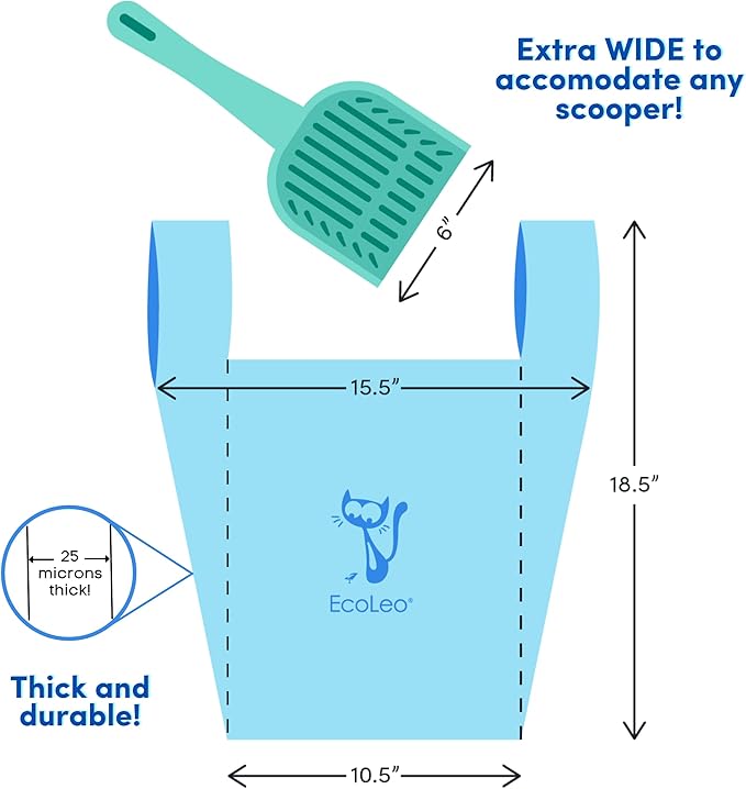 Cat Litter Waste Poop Bags - XL, Thick Pet/Dog Poo Bags with Easy-Tie Handles,10.5 x 18.5 inch, White, EcoLeo