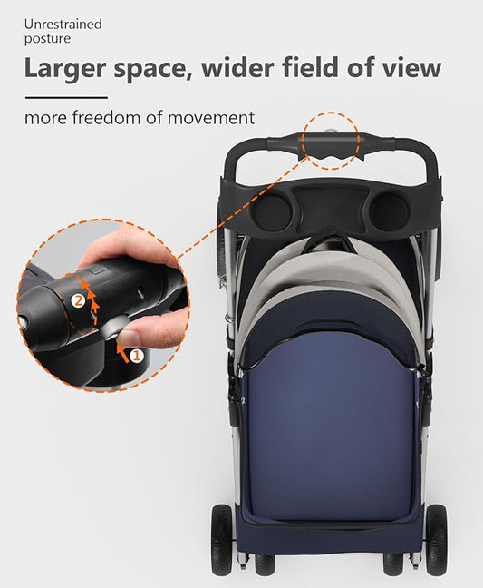 OS MOTOR Pet Stroller with 4 Wheels for Small/Medium Pets,Travel Foldable Detachable Carrier for Dog Cat Cage Jogger Stroller, Rear Wheel Breaks, Storage Basket, Visible Mesh Weather Cover (Navy Blue)