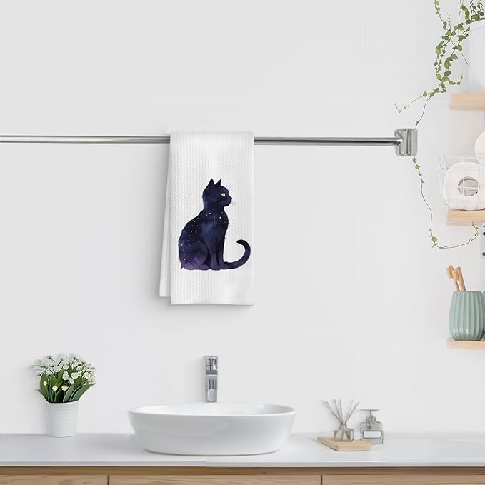 Celestial Black Cat Kitchen Towels, Cat Lovers Mom Lady Gifts Hand Towels for Bathroom, Mystical Witchy Kitty Kitten Dish Tea Towels for Kitchen Decor, 16x24 Inch