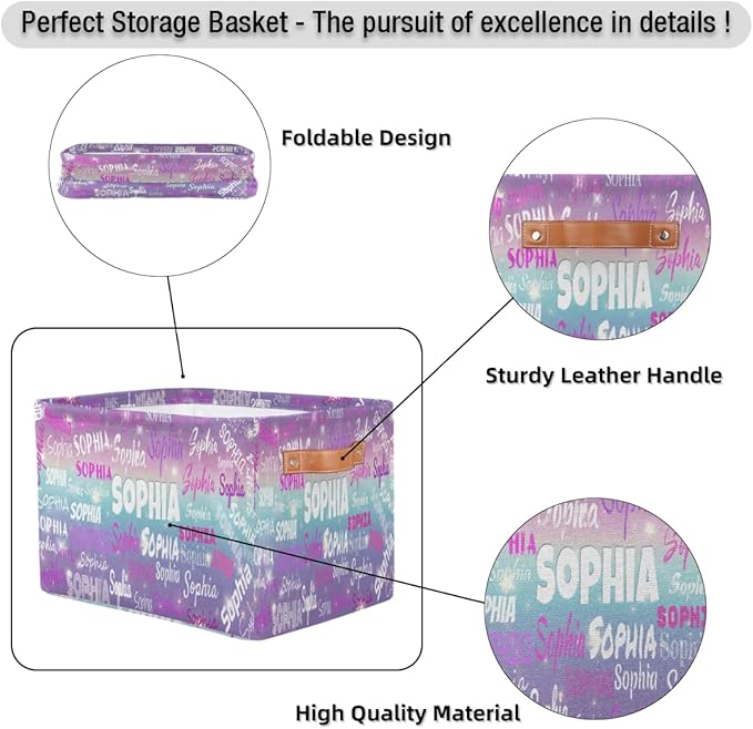 Personalized Name Storage Basket with Handles, Canvas Storage Bins Toys Clothes Organizer for Bedroom, Kitchen, Bathroom, Nursery, Shelves, Closets, Purple Blue Galaxy with Stars