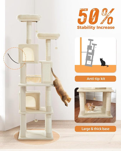 PAWZ Road Large Cat Tower, 70 Inches Tall Cat Tree with 2 Cozy Condos, 2 Plush Perch, Large Basket, 2 Scraching Pad & 6 Scraching Posts for Indoor Cats Adult, Beige