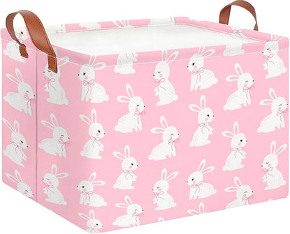 CLOCOR Rectangular Pink Easter Gift Basket Empty,Waterproof Easter Bunny Bakset for Egg Hunting(Pink Easter Bunny)