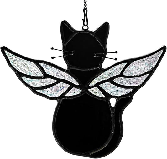 Black Angel Cat Memorial Gifts for Cat Lover,Stained Glass Window Hanging,Angel Wing Black Cats Suncatcher Decor,Cats Death Sympathy Gifts for Women,Daughter,Mothers Day,Christmas