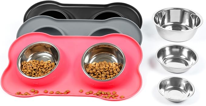 Stainless Steel Dog Bowls with Non-Slip Silicone Mat, Spill Proof Food & Water Bowls Set, Easy Clean Puppy Food Dish, Dishwasher Safe, Suitable for Dogs Cats Pet Under 20lbs, Small, Pink