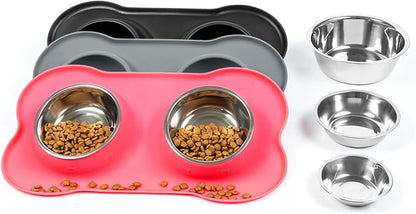 Stainless Steel Dog Bowls with Non-Slip Silicone Mat, Spill Proof Food & Water Bowls Set, Easy Clean Puppy Food Dish, Dishwasher Safe, Suitable for Dogs Cats Pet Under 20lbs, Small, Pink