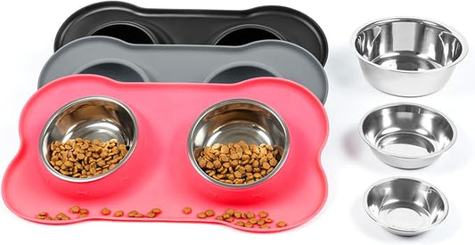 Stainless Steel Dog Bowls with Non-Slip Silicone Mat, Spill Proof Food & Water Bowls Set, Easy Clean Puppy Food Dish, Dishwasher Safe, Suitable for Dogs Cats Pet Under 20lbs, Small, Pink