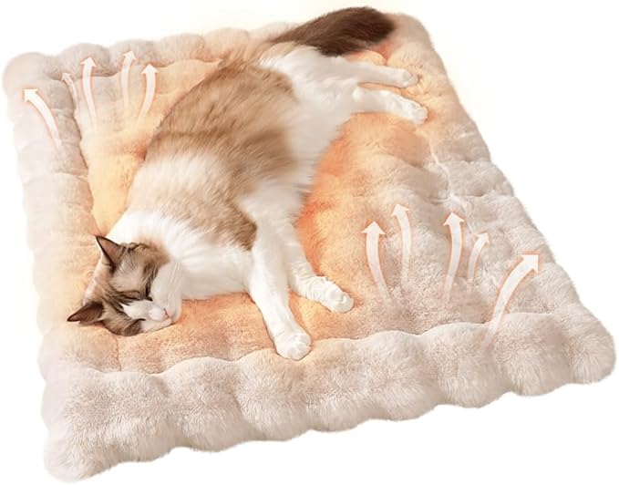 Cat Bed Mat, Soft Plush Faux Fur Kneading Pet Bed, Machine Washable Cat Sleeping Pad for Indoor Cats & Kittens, Non-Slip Fluffy Cat Rug for Couch Sofa Floor, 23x15 Inch White