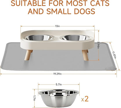 Elevated Cat Bowl with Food Mat, Raised Cat Food and Water Bowl Set for Indoor Cats, Splash Proof with 2 Stainless Steel Pet Food Bowls for Cats and Puppies,Whisker Fatigue and Dishwasher Safe (White)