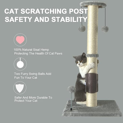 PEEKAB 32" Tall Cat Scratching Post Sisal Scratch Posts with Hanging Ball and Self-Massage Brush Vertical Scratcher for Indoor Cats and Kittens Light-Gray 32inches
