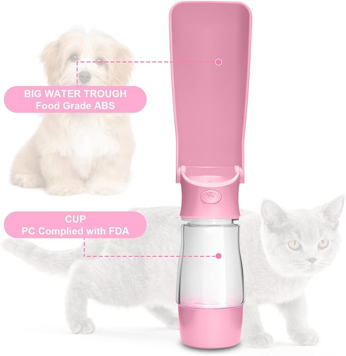 Dog Water Bottle with Food Container, Foldable Portable Puppy Travel Water Dispenser, Leak Proof Dog Water Bowl Summer Accessories for Pet Outdoor Walking Hiking (Pink)